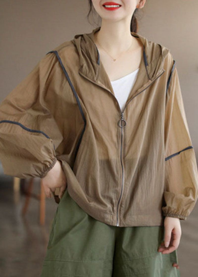 Khaki Patchwork Bomull Upf 50+ Kåpe Hette Overdimensjonert Lange Ermer - Khaki