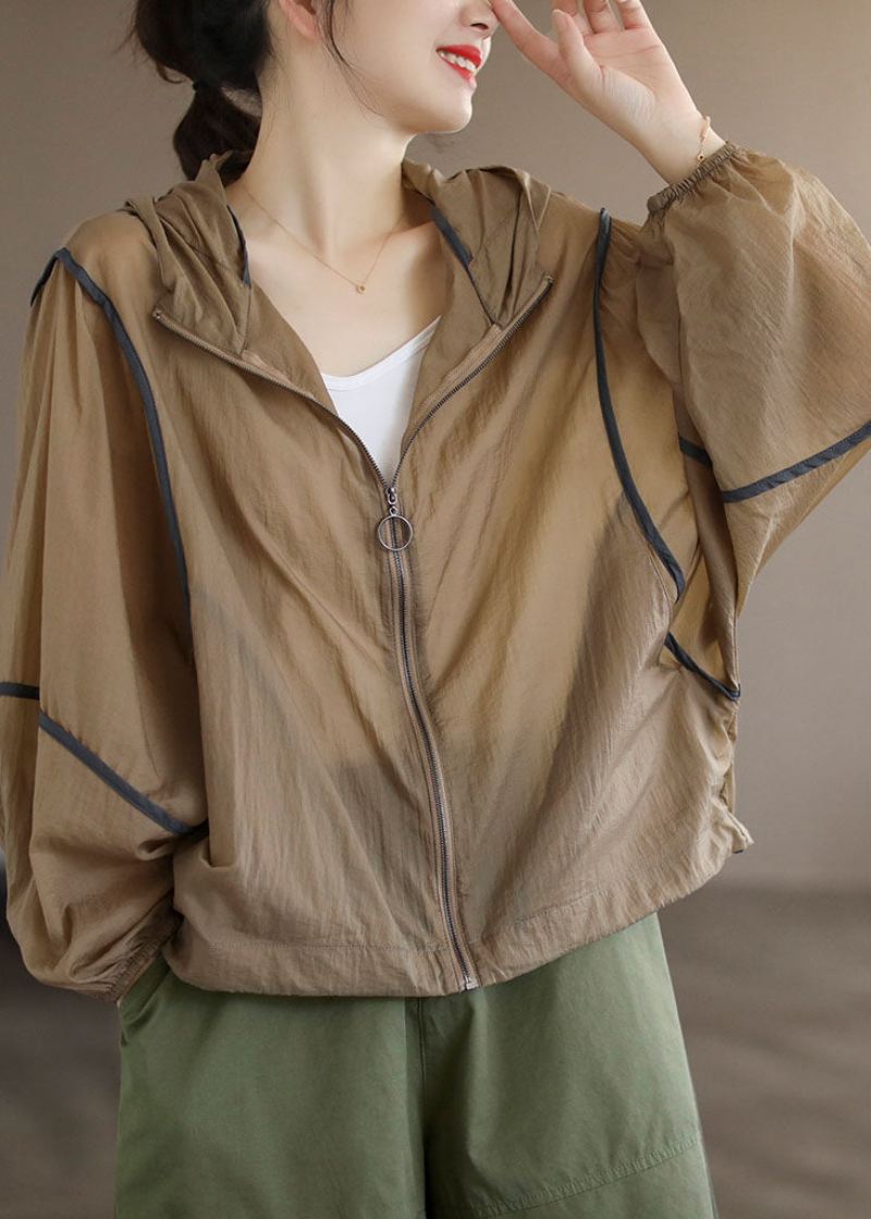 Khaki Patchwork Bomull Upf 50+ Kåpe Hette Overdimensjonert Lange Ermer - Khaki