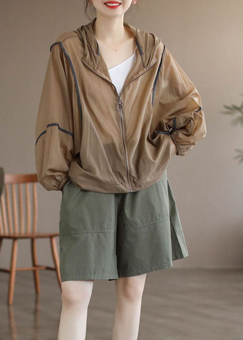 Khaki Patchwork Bomull Upf 50+ Kåpe Hette Overdimensjonert Lange Ermer - Khaki