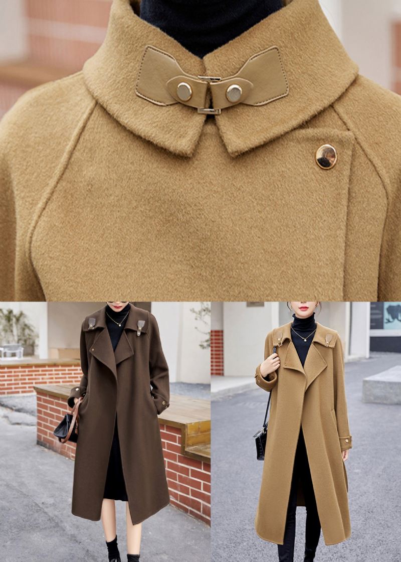 Khaki Tie Midje Patchwork Cashmere Coat Sailor Collar Langermet - Vinterfrakker for kvinner