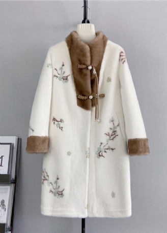 Kinesisk Stil Beige Dusk Brodert Mink Kasjmir Frakk Vinter