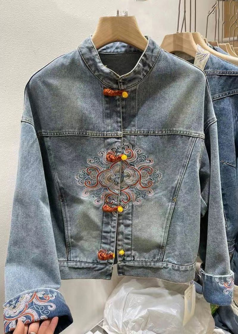 Kinesisk Stil Blå Brodert Knapp Denim Frakk Vår