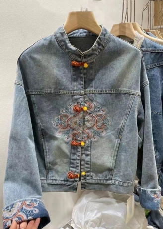 Kinesisk Stil Blå Brodert Knapp Denim Frakk Vår