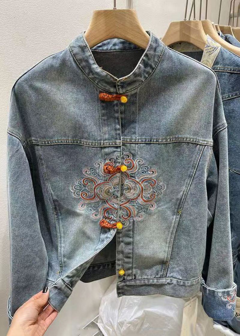 Kinesisk Stil Blå Brodert Knapp Denim Frakk Vår - Vinterfrakker for kvinner