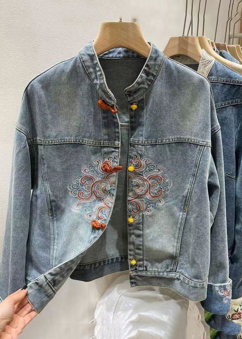 Kinesisk Stil Blå Brodert Knapp Denim Frakk Vår - Vinterfrakker for kvinner