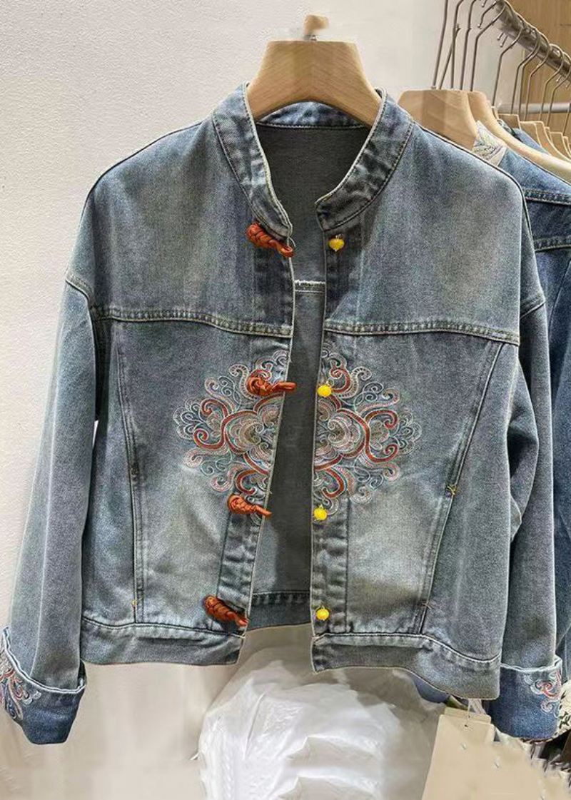 Kinesisk Stil Blå Brodert Knapp Denim Frakk Vår - Vinterfrakker for kvinner