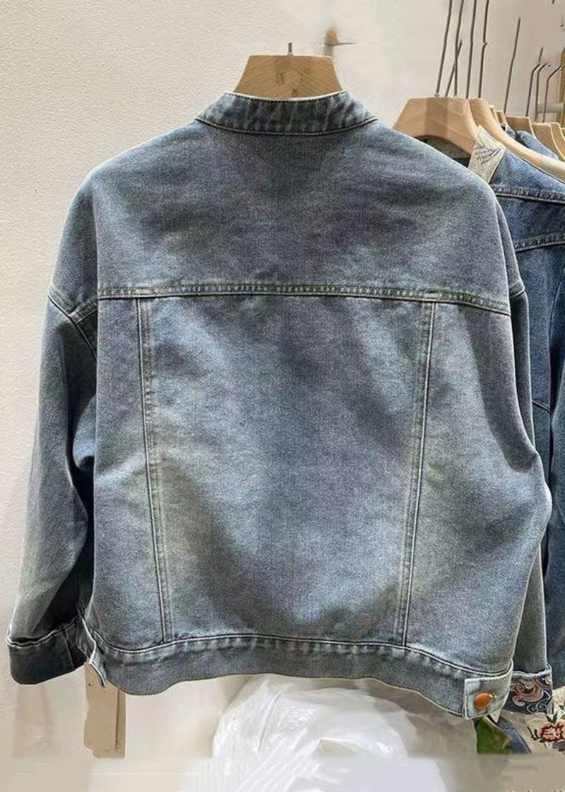 Kinesisk Stil Blå Brodert Knapp Denim Frakk Vår - Vinterfrakker for kvinner