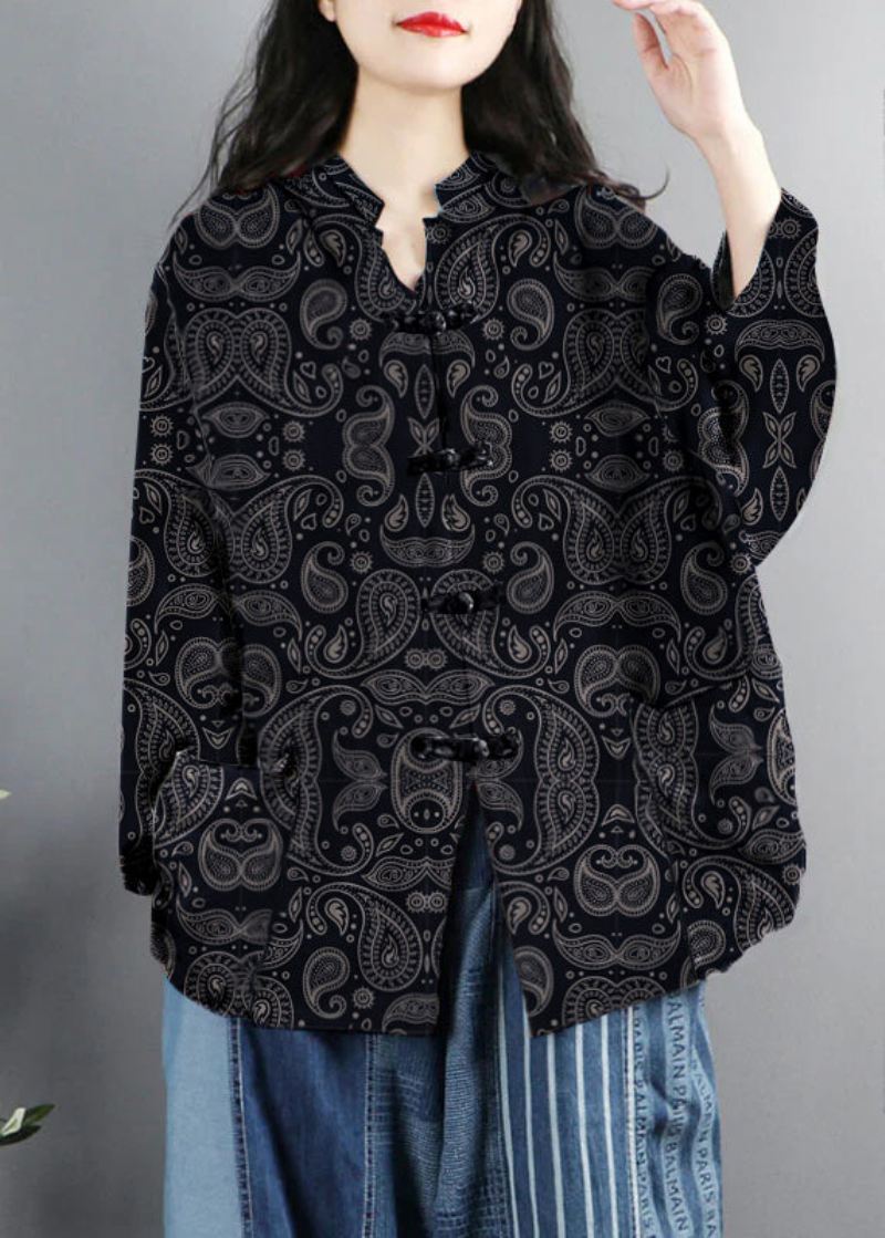 Kinesisk Stil Black-ghost Print Lommer Button Patchwork Cotton Coats Langermet - Vinterfrakker for kvinner