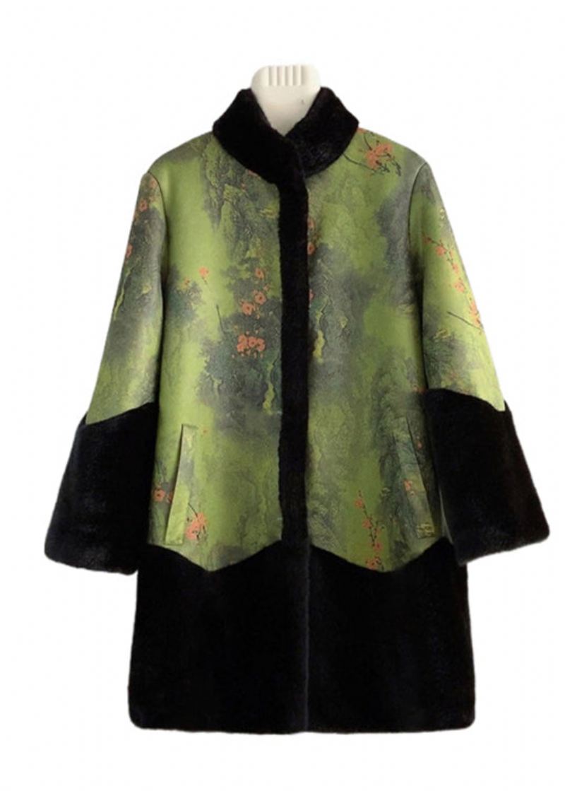 Kinesisk Stil Colorblock Stand Collar Patchwork Mink Velvet Coat Vinter - Vinterfrakker for kvinner