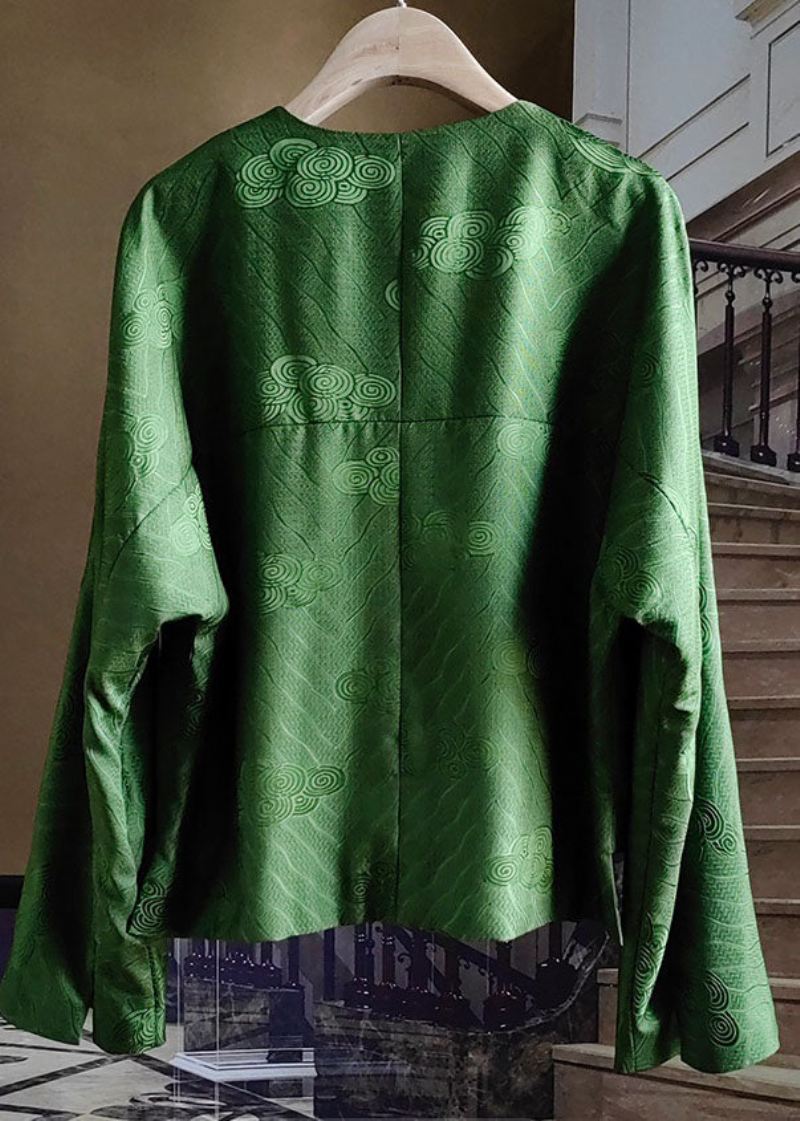 Kinesisk Stil Grønn Dusk Knapp Jacquard Silk Coats Spring - Vinterfrakker for kvinner