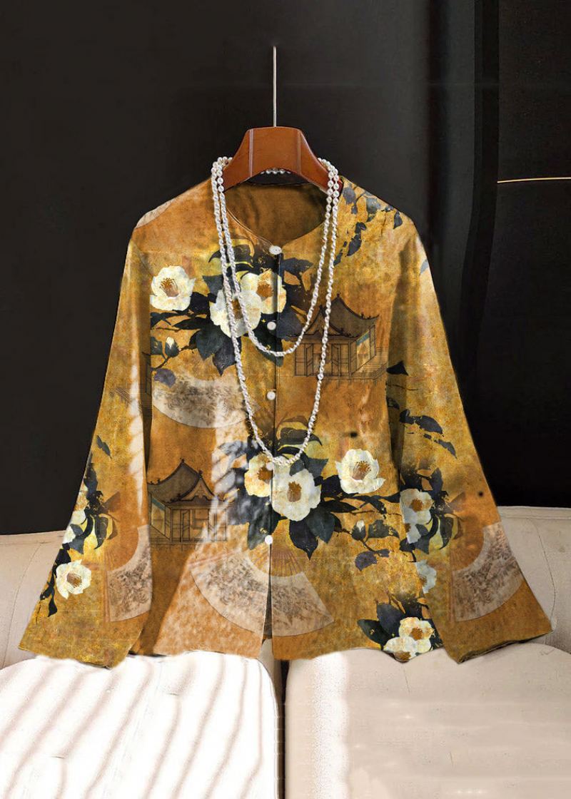 Kinesisk Stil Gul Blomst Brodert Knapp Silk Coat Langermet