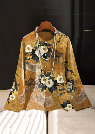 Kinesisk Stil Gul Blomst Brodert Knapp Silk Coat Langermet