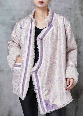 Kinesisk Stil Rosa Jacquard Fleece Ull Fôret Kåper Våren