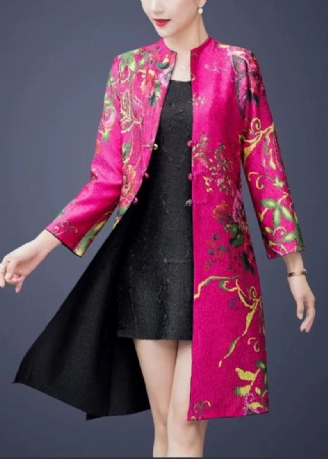 Kinesisk Stil Rose Rynket Print Slitasje På Begge Sider Silk Coat Fall