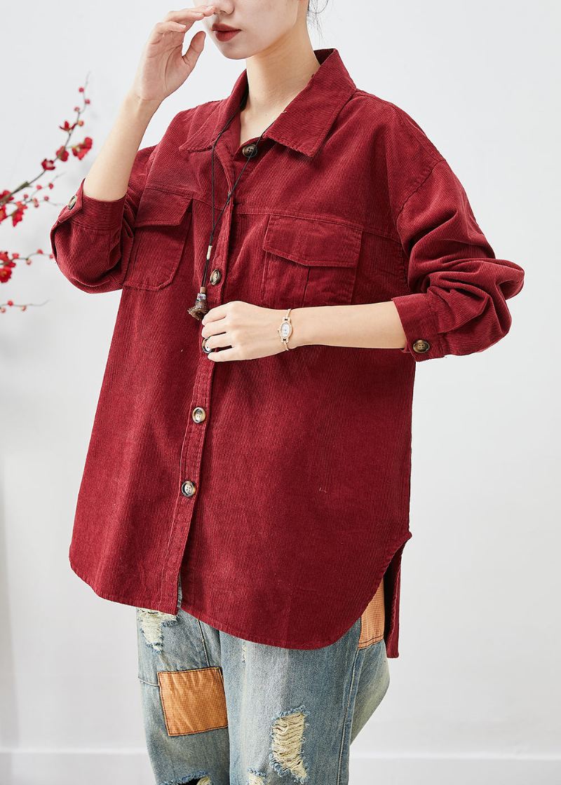 Kjedelig Rød Kordfløyelskjorte Kåper Oversized Button Down Fall