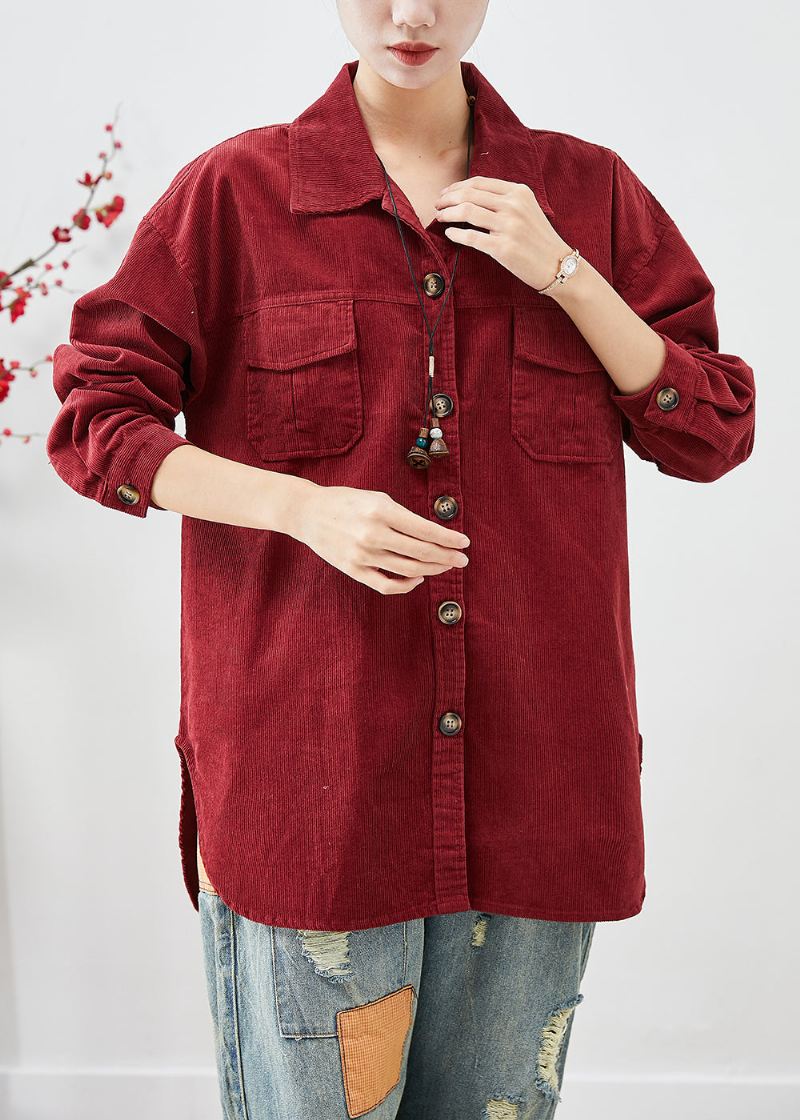 Kjedelig Rød Kordfløyelskjorte Kåper Oversized Button Down Fall - Vinterfrakker for kvinner