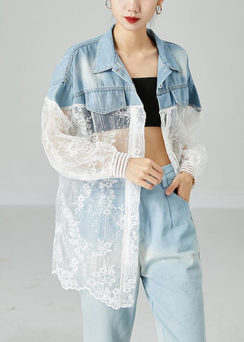 Klassisk Colorblock Brodert Patchwork Hollow Out Denim Coat Outwear Sommer