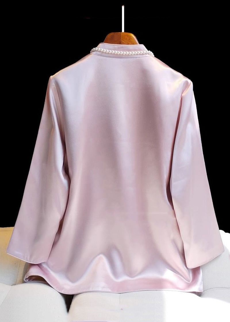 Klassisk Rosa Stativ Krage Brodert Knapp Silk Coat Spring - Vinterfrakker for kvinner