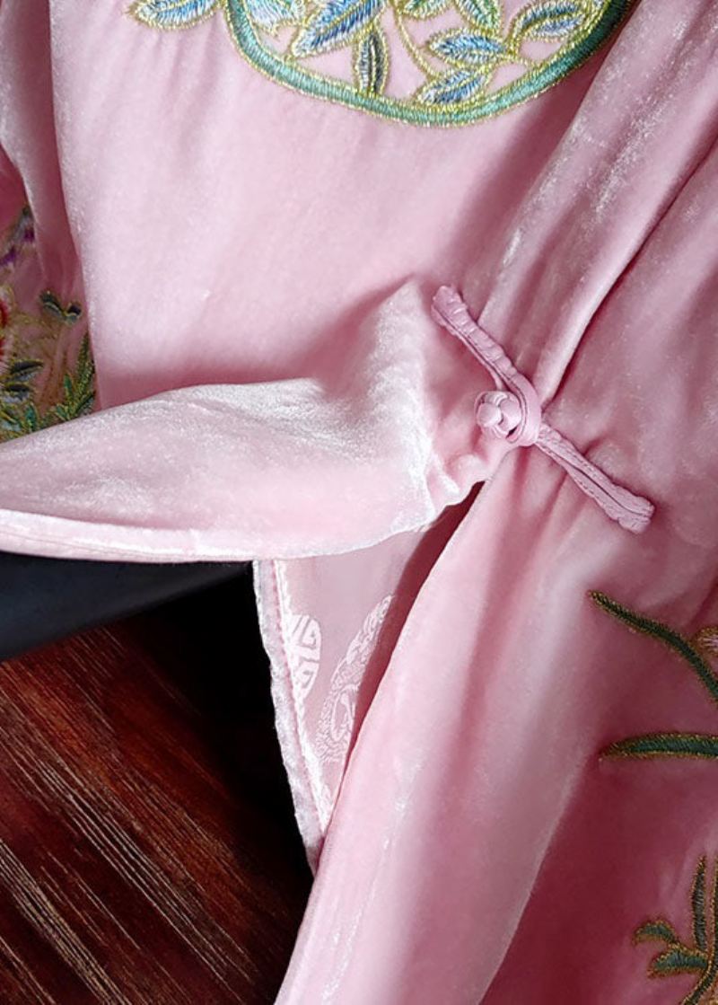 Klassisk Rosa Stativkrage Brodert Patchwork Silke Velour Yttertøy Vår - Vinterfrakker for kvinner