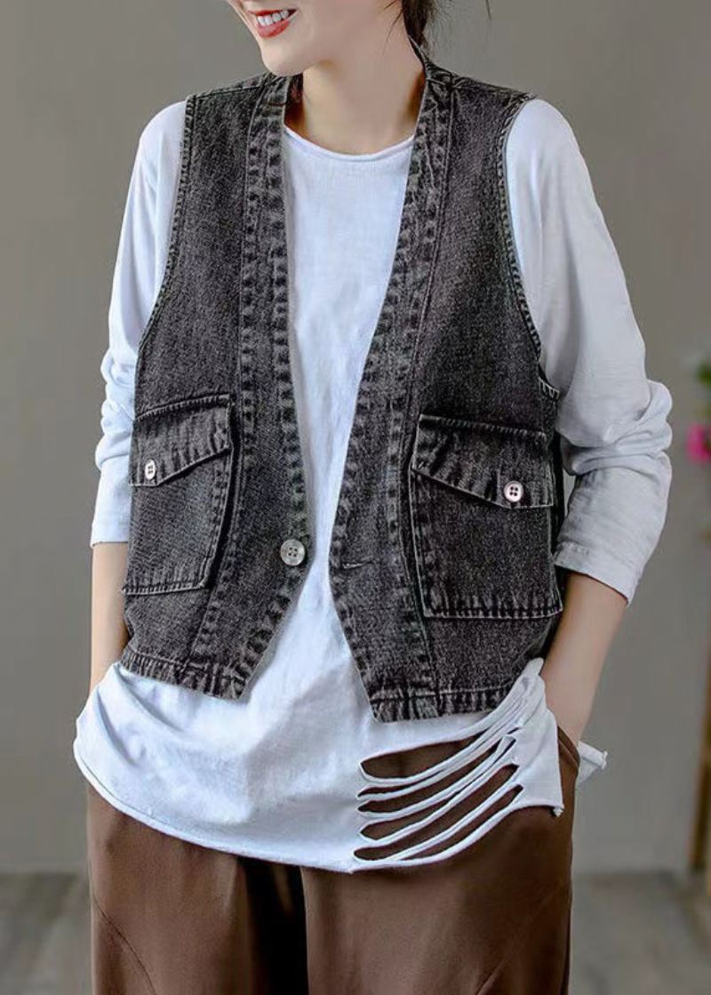 Klassisk Svart V-halslommer Patchwork Denimvest