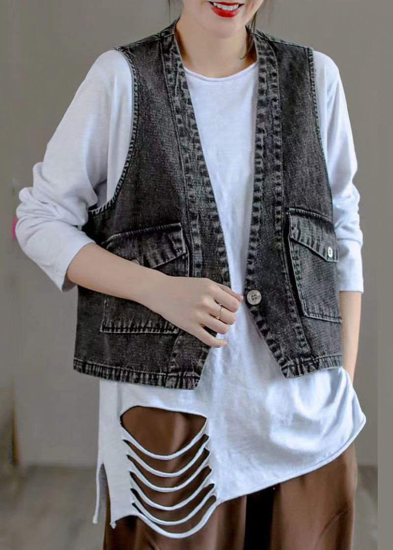 Klassisk Svart V-halslommer Patchwork Denimvest - Vinterfrakker for kvinner