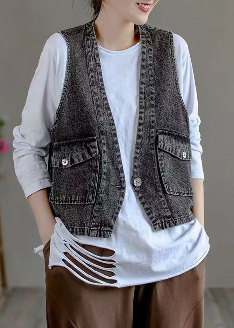 Klassisk Svart V-halslommer Patchwork Denimvest - Vinterfrakker for kvinner