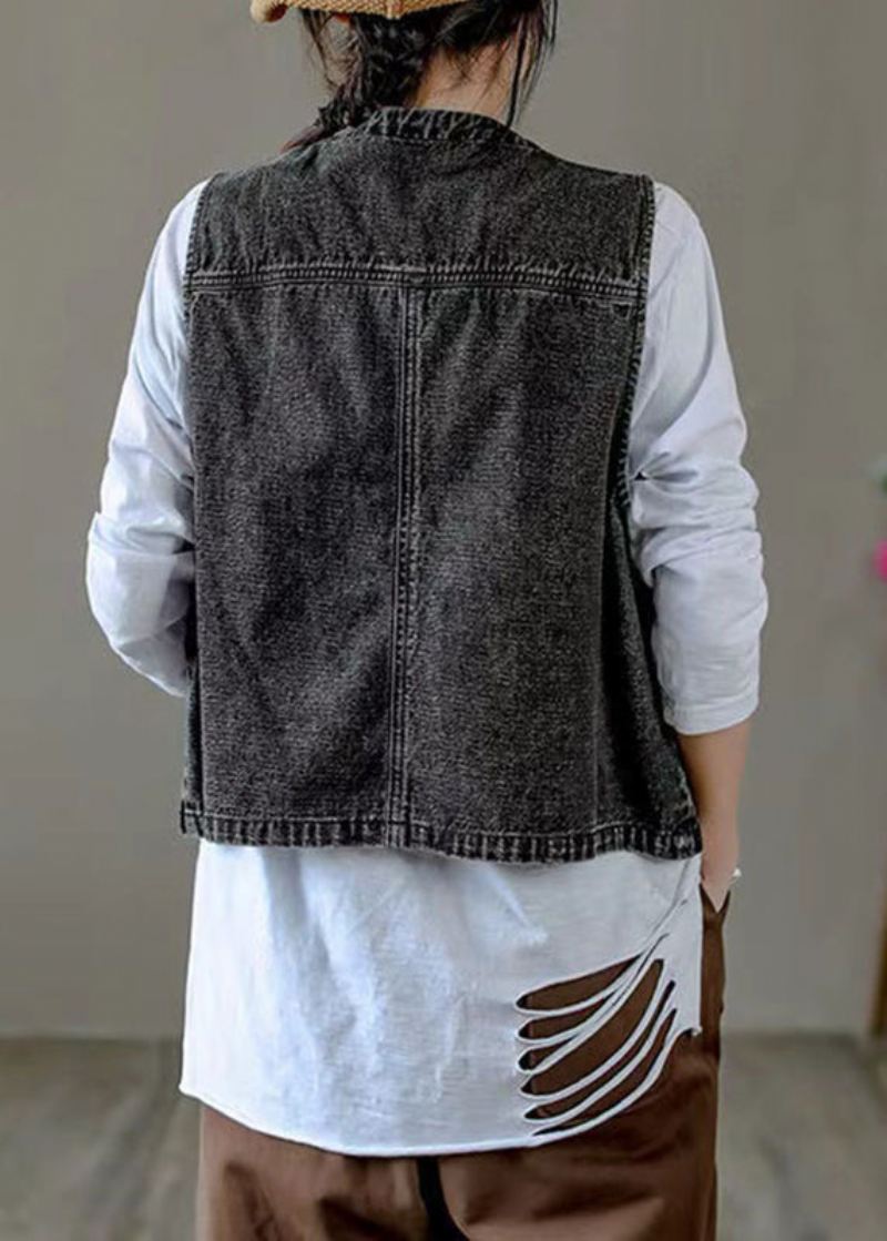 Klassisk Svart V-halslommer Patchwork Denimvest - Vinterfrakker for kvinner