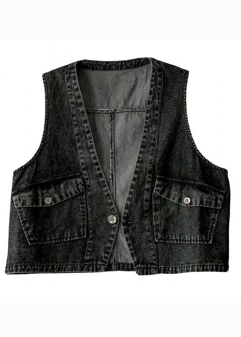 Klassisk Svart V-halslommer Patchwork Denimvest - Vinterfrakker for kvinner