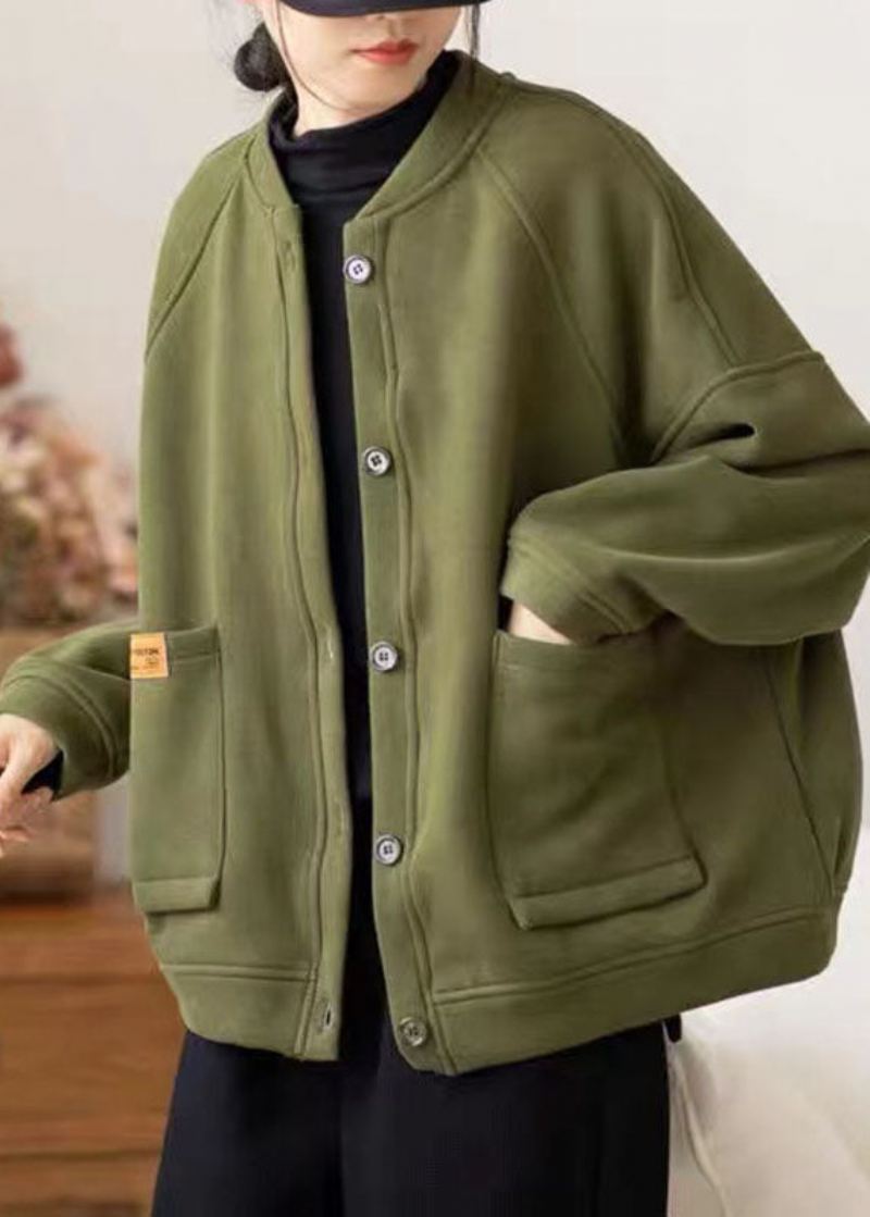 Kvinner Army Green O-hals Lommer Patchwork Fleece Frakk Vinter