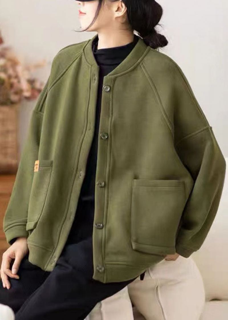 Kvinner Army Green O-hals Lommer Patchwork Fleece Frakk Vinter - Army Green