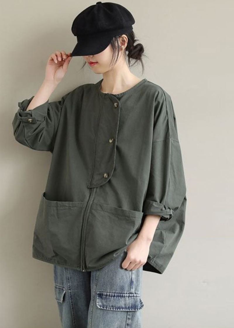 Kvinner Army Green Zip Up Lommer Cotton Coat Spring