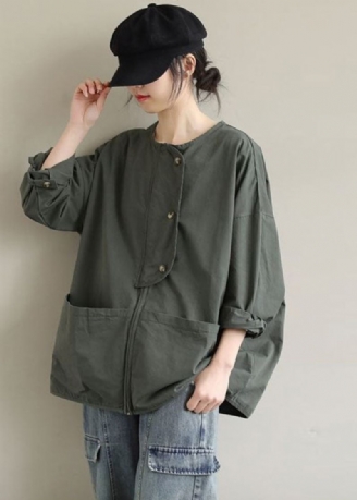 Kvinner Army Green Zip Up Lommer Cotton Coat Spring