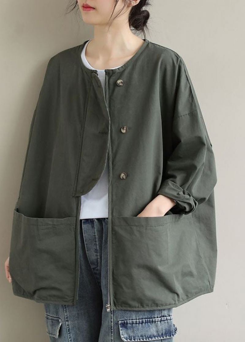 Kvinner Army Green Zip Up Lommer Cotton Coat Spring - Army Green