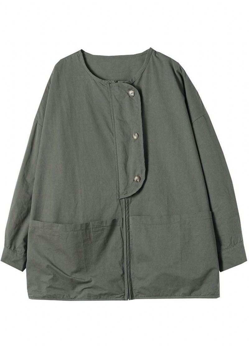 Kvinner Army Green Zip Up Lommer Cotton Coat Spring - Army Green