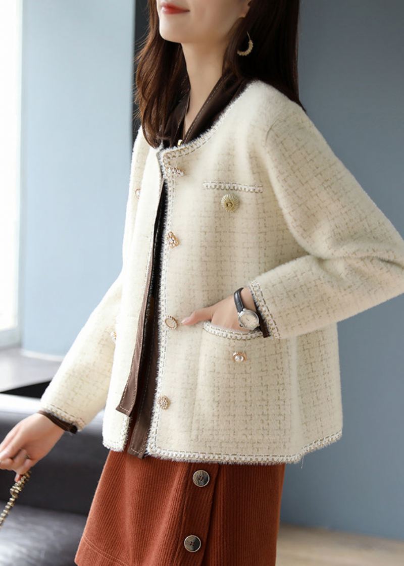 Kvinner Beige O-hals Rutete Bomull Coats Spring