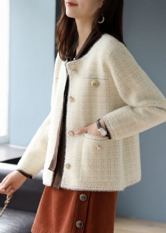 Kvinner Beige O-hals Rutete Bomull Coats Spring