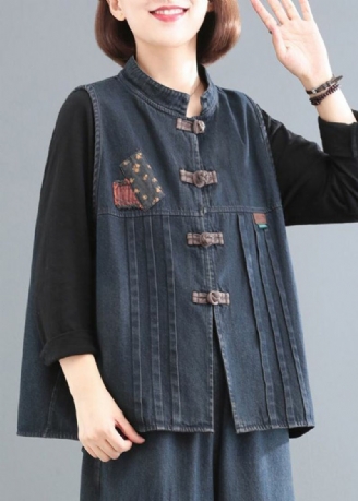 Kvinner Blå Stativ Krage Patchwork Denim Coat Ermeløs