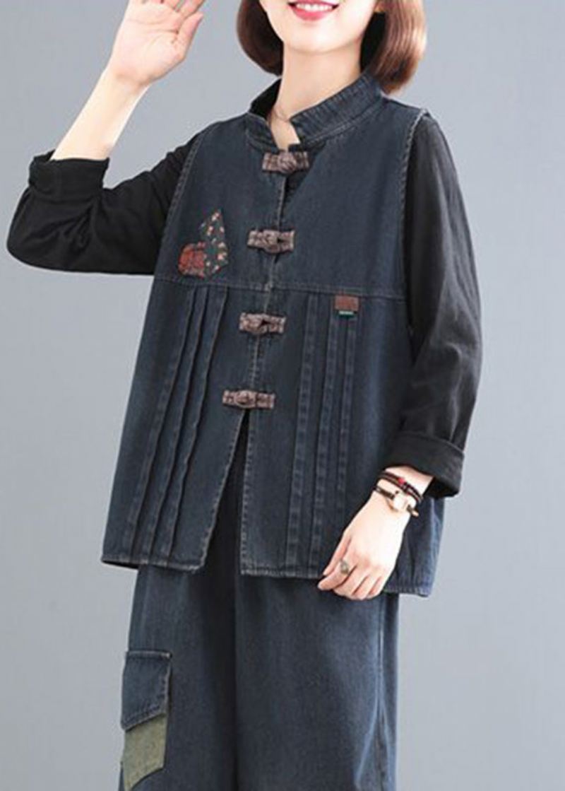 Kvinner Blå Stativ Krage Patchwork Denim Coat Ermeløs - Blå