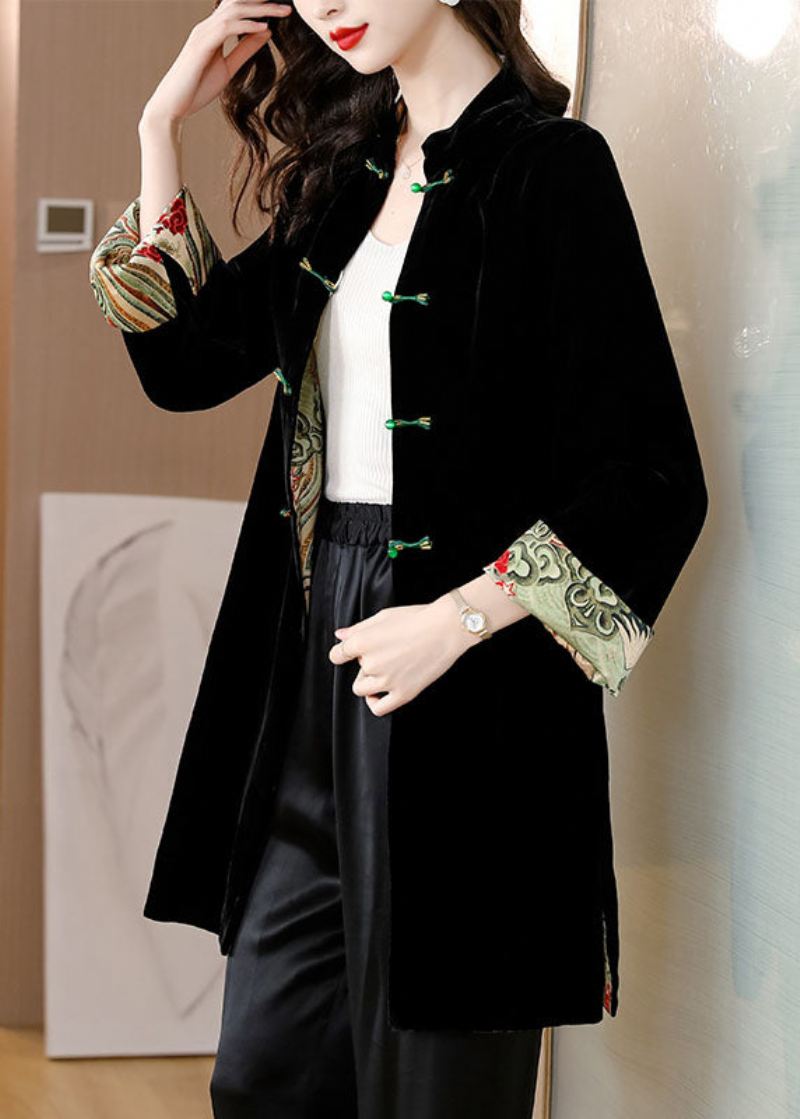 Kvinner Black Stand Collar Patchwork Button Silke Velour Coat Armbånd Sleeve - Vinterfrakker for kvinner