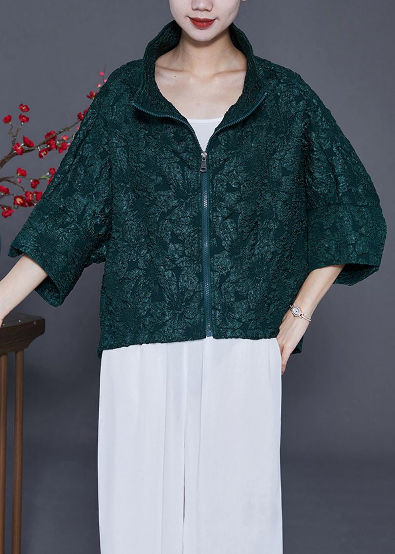 Kvinner Blackish Green Oversized Jacquard Cotton Coat Armbåndsermet - Vinterfrakker for kvinner