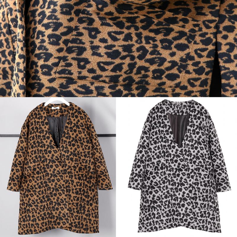 Kvinner Brun Leopardkåpe Casual V-halslommer Vinterkåpe Elegante Åpne Kåper I Siden - Grå Leopard