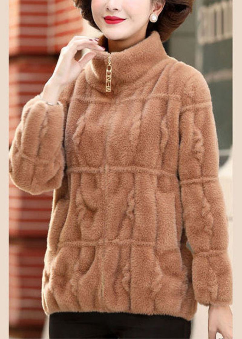 Kvinner Camel Ensfarget Krage Zip Up Mink Hår Strikkede Kåper Vinter - Kamel