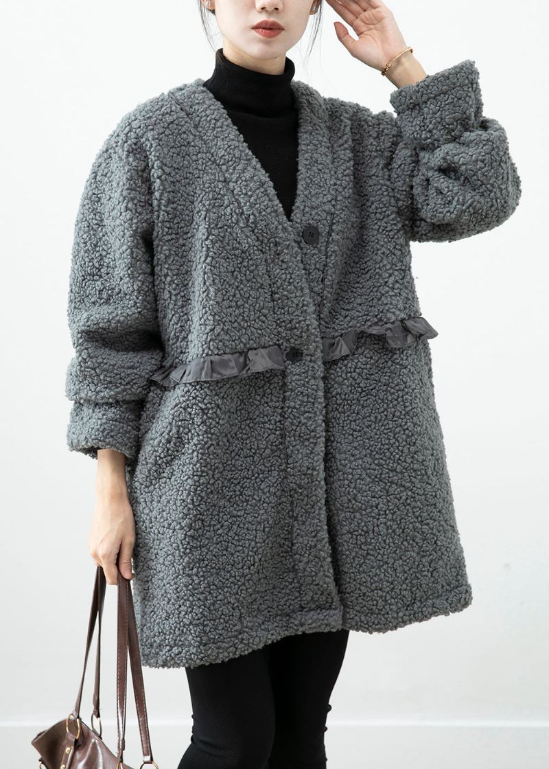 Kvinner Grå Ruffled Patchwork Faux Fur Coat Vinter