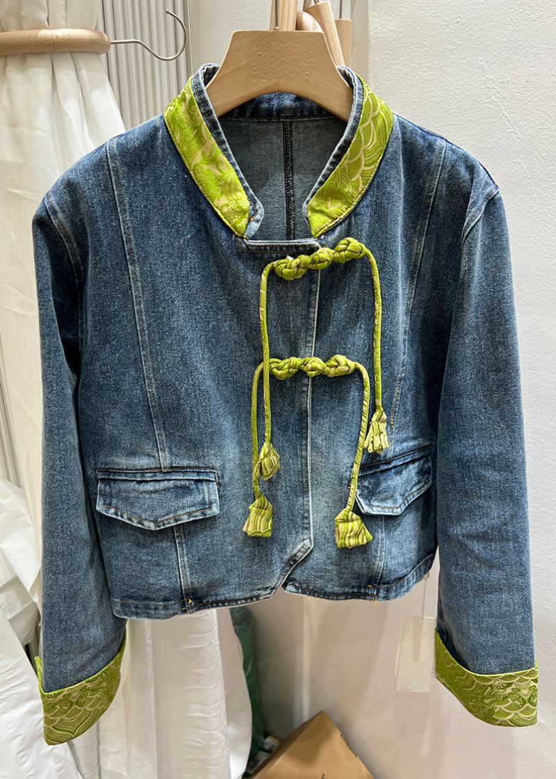 Kvinner Grønn Stand Krage Kinesisk Button Denim Coat Spring