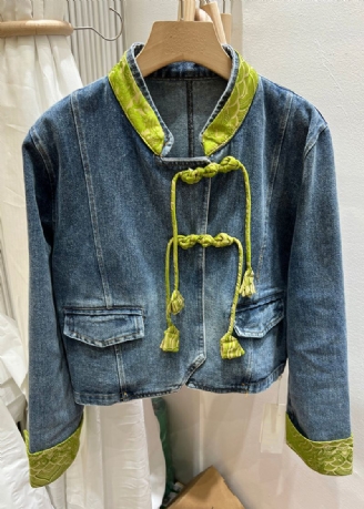 Kvinner Grønn Stand Krage Kinesisk Button Denim Coat Spring