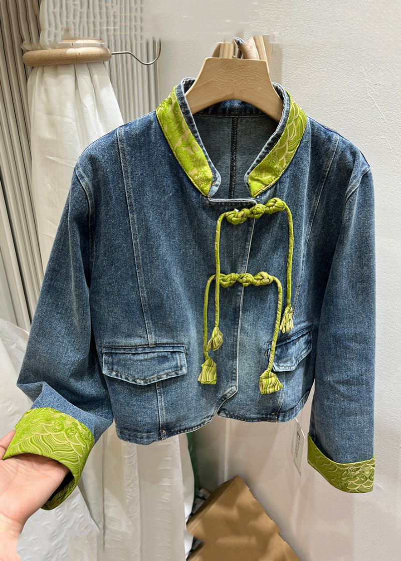 Kvinner Grønn Stand Krage Kinesisk Button Denim Coat Spring - Vinterfrakker for kvinner