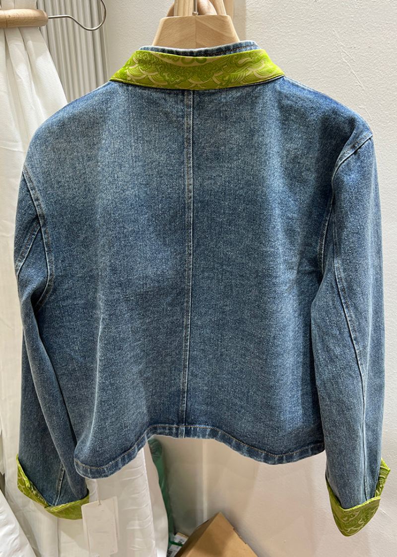 Kvinner Grønn Stand Krage Kinesisk Button Denim Coat Spring - Vinterfrakker for kvinner