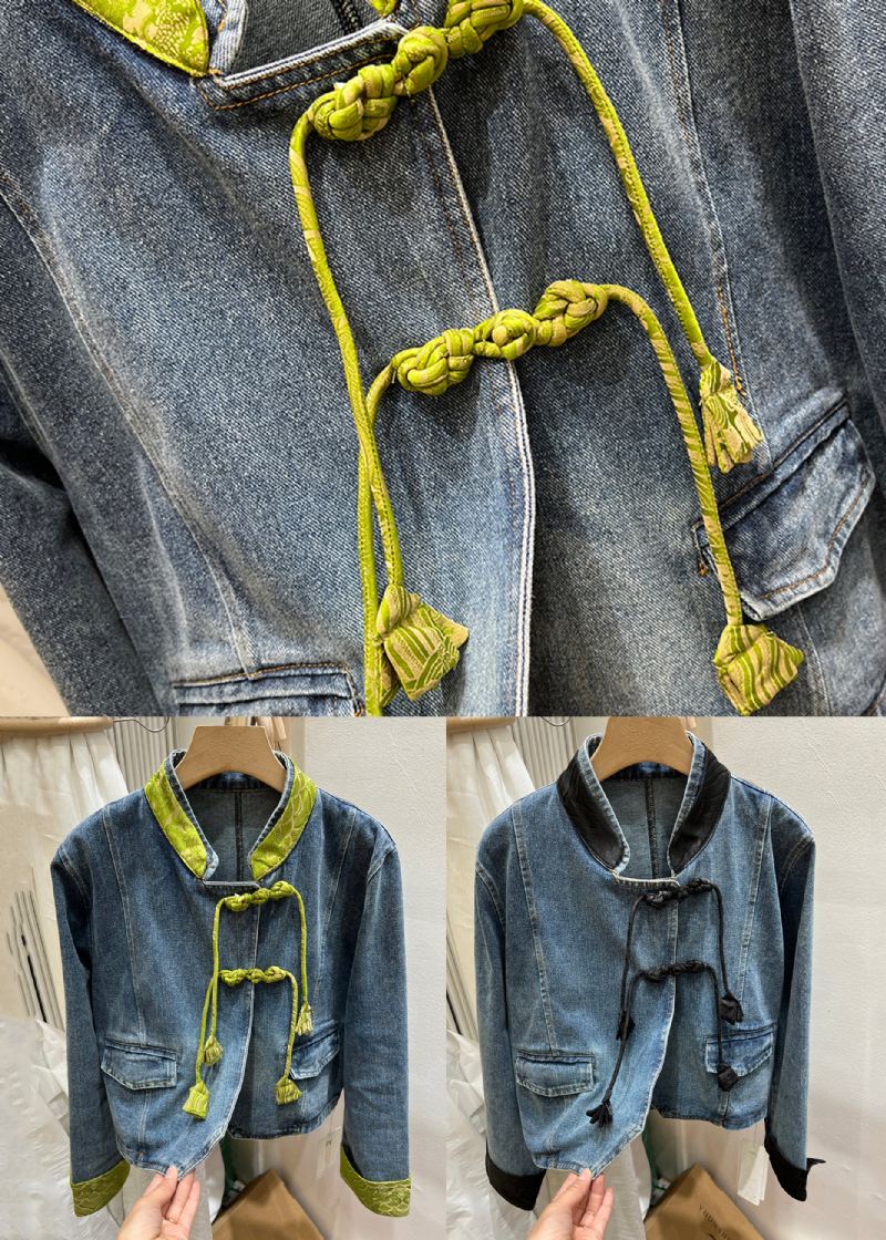 Kvinner Grønn Stand Krage Kinesisk Button Denim Coat Spring - Vinterfrakker for kvinner