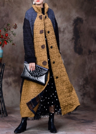 Kvinner Gul Stativ Krage Patchwork Button Avtagbar Bomull Maxi Coats Langermet