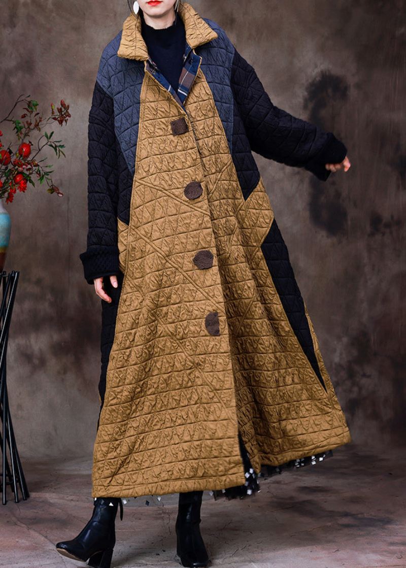 Kvinner Gul Stativ Krage Patchwork Button Avtagbar Bomull Maxi Coats Langermet - Vinterfrakker for kvinner